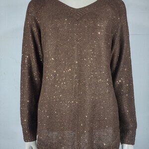 NWT Soft Surroundings brown sequined acrylic blend V-Neck sweater Petite Medium